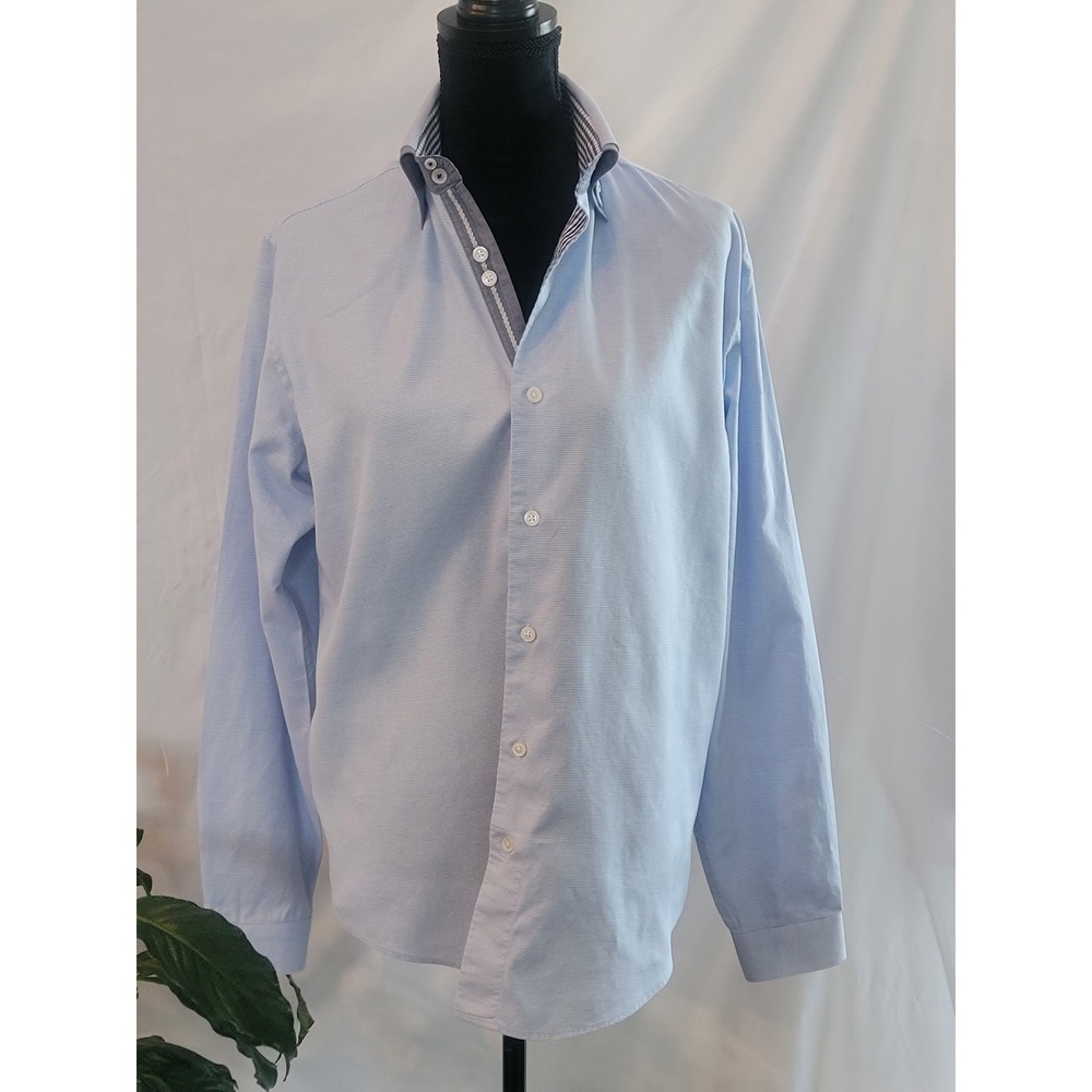 Zara Man Black Tag Slim Fit Light Blue Micro Check Button Down Shirt Mens Large